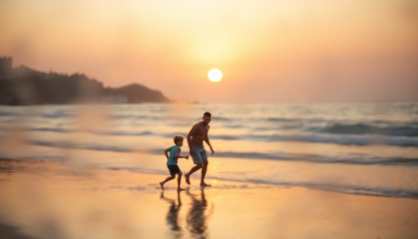 An abstract, impressionistic photograph of a father and children playing on a beach, their figures obscured in a hazy, dreamlike wash of warm colors and soft focus, conveying a sense of loss and the fleeting nature of life.