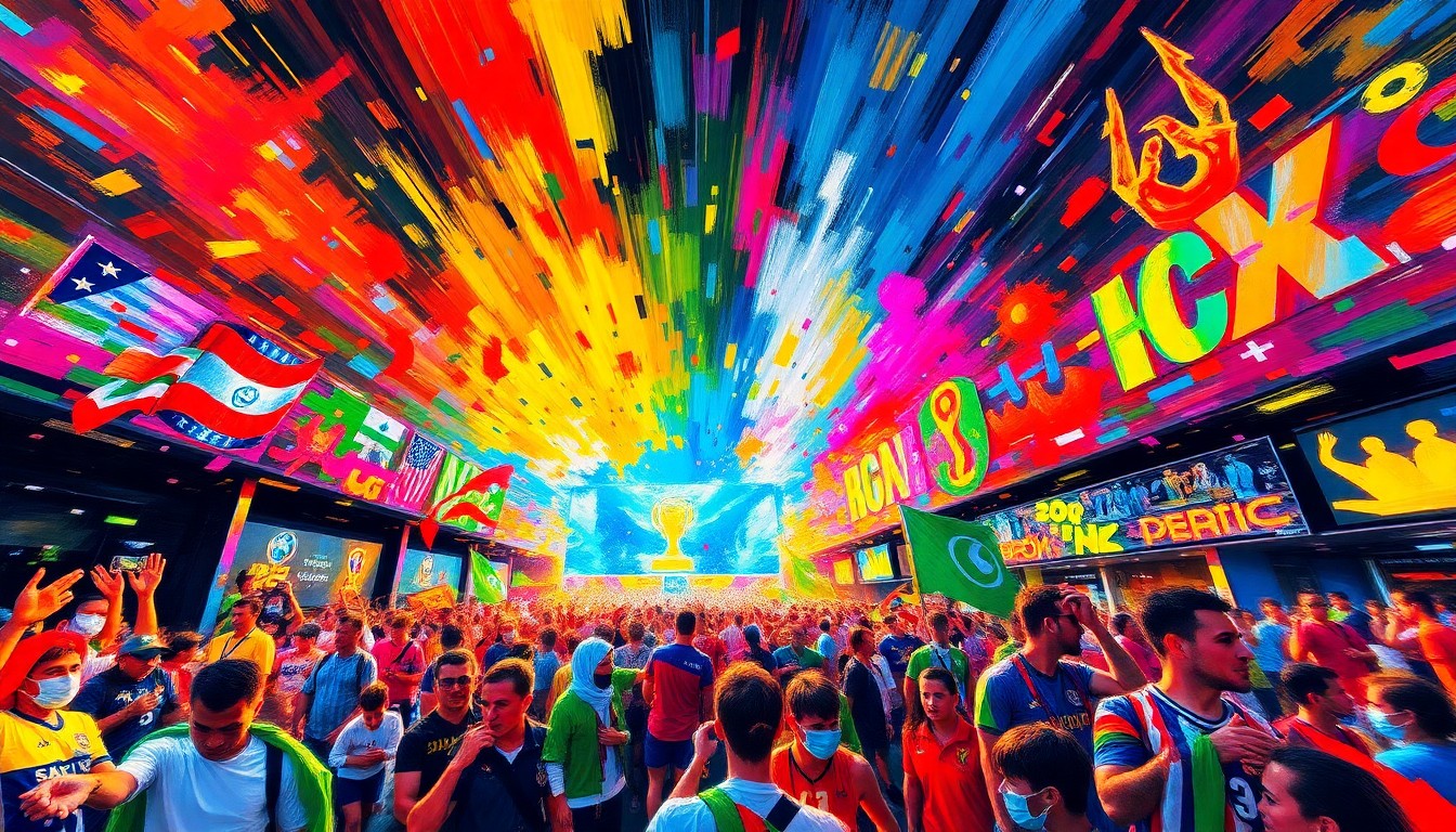 An abstract, expressionist painting in neon colors depicting the frenetic energy and excitement of a World Cup fan festival, with blurred figures and shapes representing the crowds, activities, and atmosphere of the event.