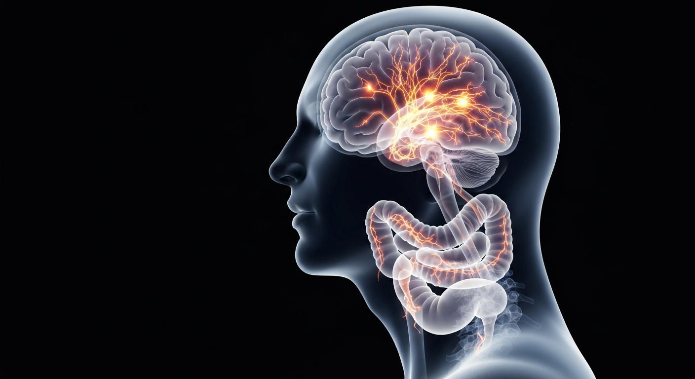 A highly detailed, translucent X-ray style illustration showing the intricate structures of the human gut and brain, with glowing neural pathways and intestinal elements, conveying the complex biological relationship between the microbiome and neurological function.
