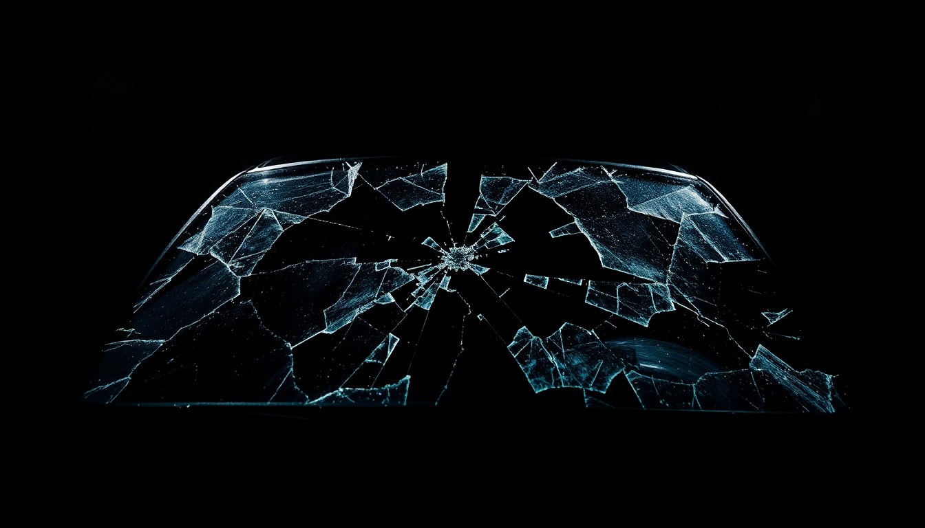 An extreme close-up photograph of a shattered car windshield, capturing the dramatic texture and material details of the damaged glass under harsh, direct lighting, conceptually representing the aftermath of a serious traffic accident.