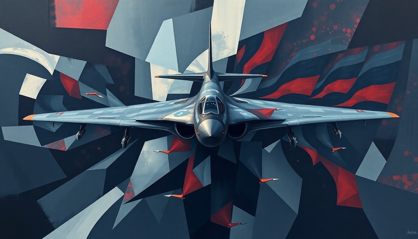 A surreal, abstract painting of a military aircraft in flight, its wings and fuselage repeating in overlapping, geometric waves of dark colors, conveying a sense of power and motion.