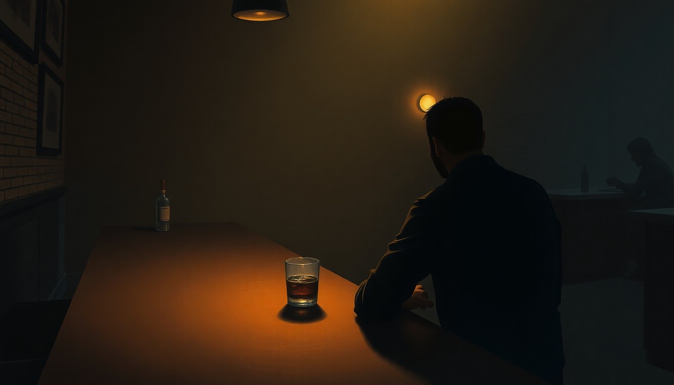 A cinematic painting of a solitary figure sitting alone at a dimly lit bar, with a glass of liquor in front of them, reflecting the melancholy and isolation felt by some LGBTQ+ individuals in the political sphere. Muted colors of browns, grays, and deep blues, with warm diagonal lighting casting shadows across the scene.