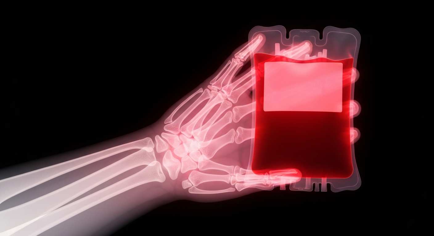 An extreme close-up X-ray photograph revealing the translucent, ghostly structures of a human hand holding a clear blood bag, conceptually illustrating the life-saving power of whole blood transfusions.