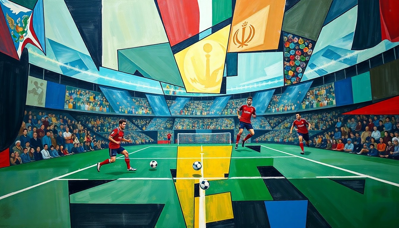 A cubist-style painting featuring overlapping geometric shapes and planes in shades of red, blue, and green, representing the fractured perspectives of Iranian American soccer fans towards their national team.