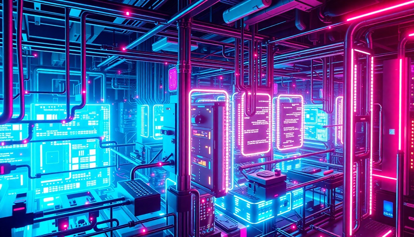 A highly detailed, glowing 3D illustration of a futuristic EDI data hub, with neon cyan and magenta lights illuminating the intricate cybernetic infrastructure, conceptually representing the power and accessibility of modern B2B data exchange.