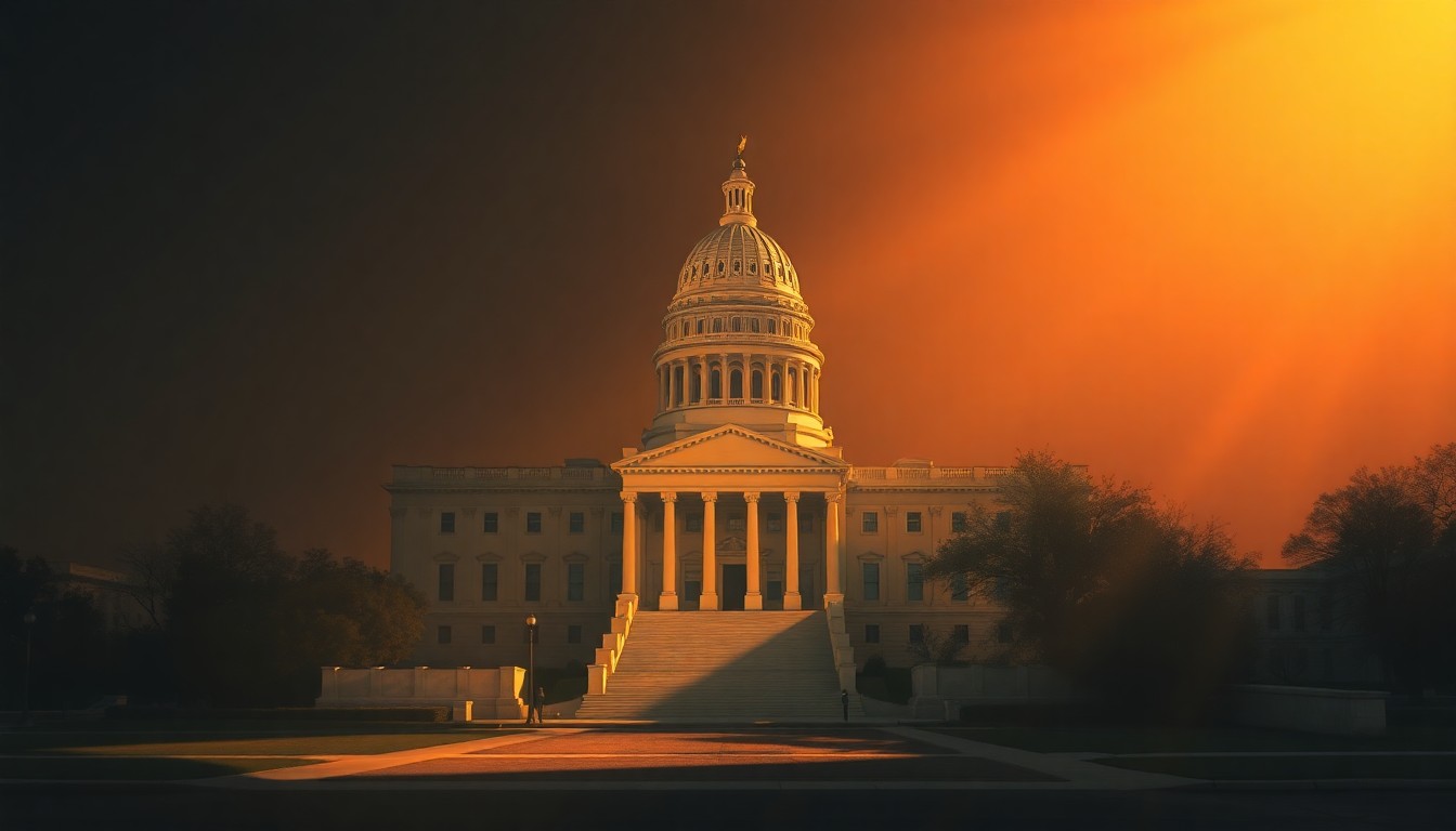 A serene, photorealistic painting of the Texas state capitol building in Austin, with the grand structure bathed in warm, golden light and surrounded by deep shadows, conveying a sense of political tension and uncertainty.