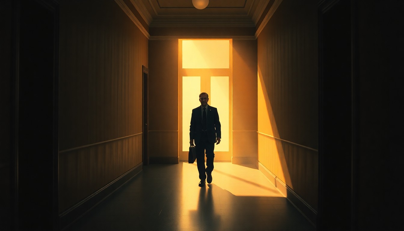 A solitary political figure, likely a diplomat or negotiator, standing in a dimly lit government building hallway or office, bathed in warm, diagonal sunlight and deep shadows, conveying a sense of quiet contemplation and the weight of diplomatic negotiations.