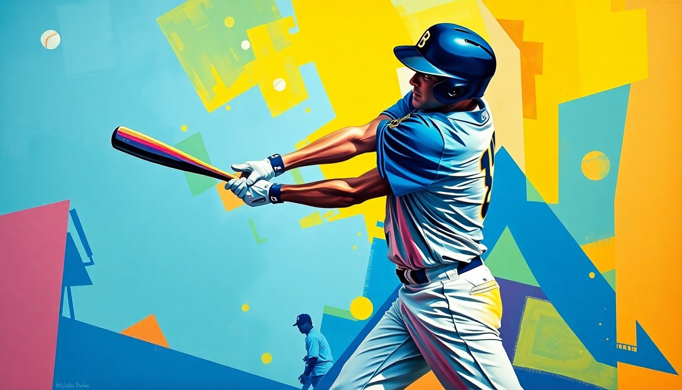 A cubist, geometric painting depicting a baseball player batting, with the player's form fractured into sharp, overlapping planes in the Rays' team colors of navy blue, powder blue, and gold.