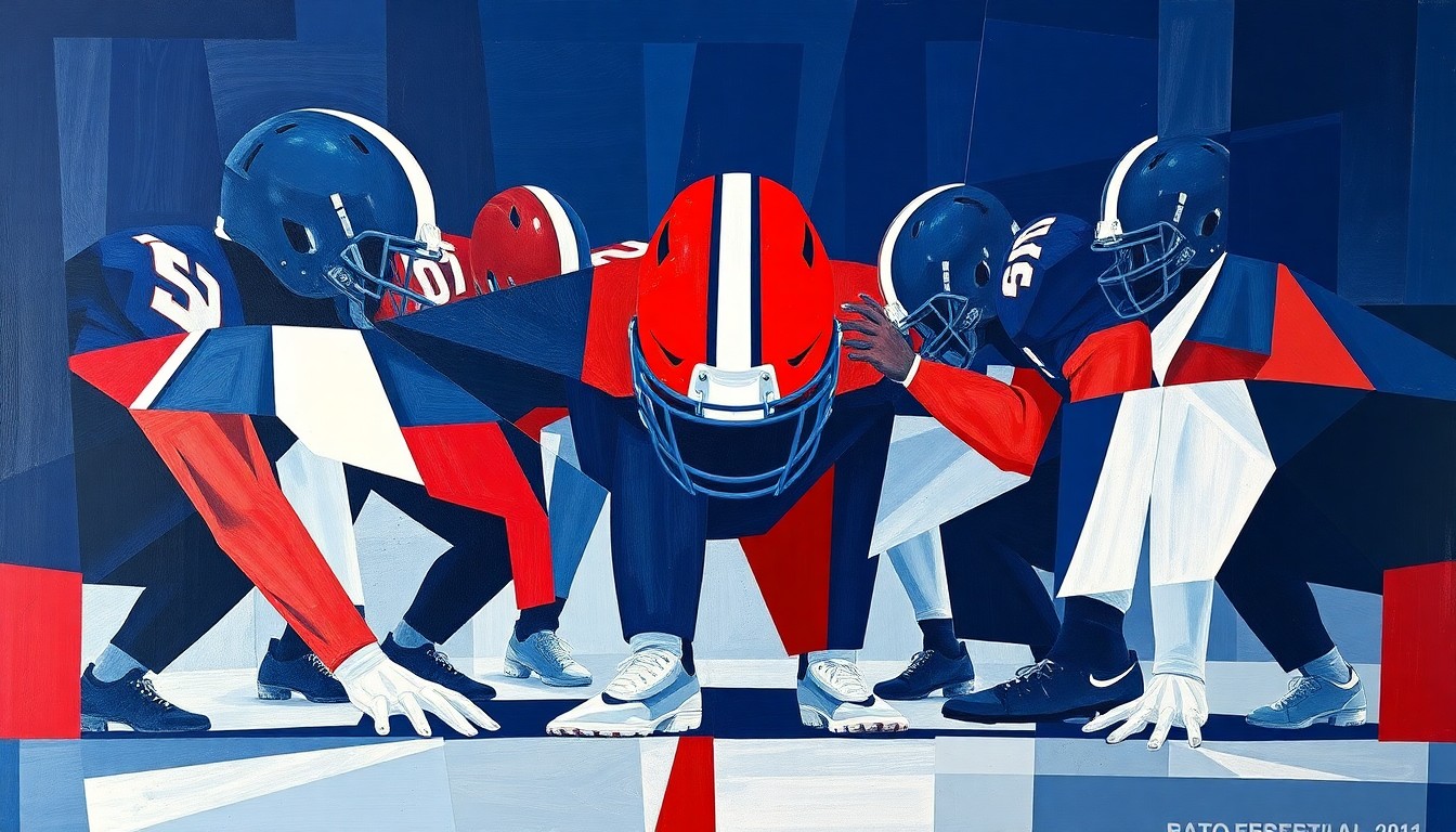 A cubist, geometric painting depicting an American football offensive line, with sharp, overlapping planes of navy blue, red, and white conveying a sense of disruption and change.