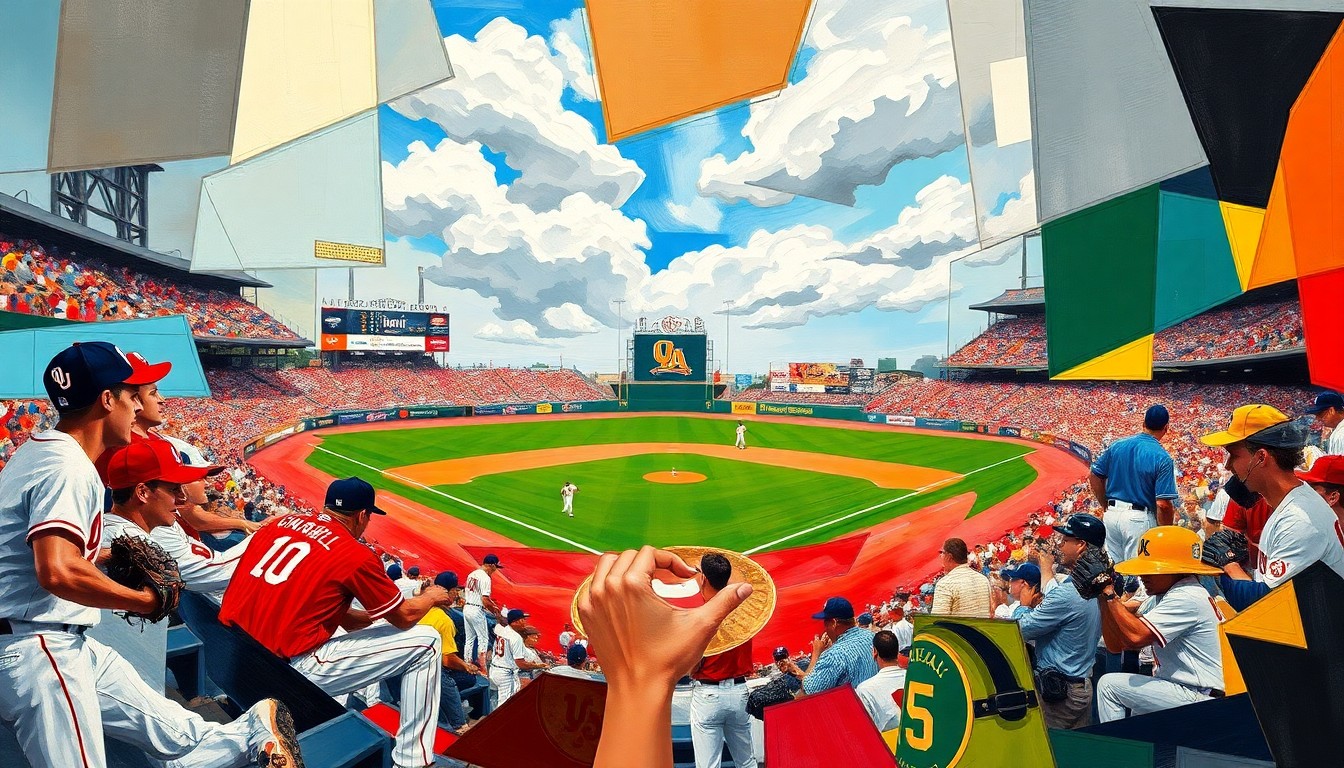 A dynamic, abstract painting featuring sharp, overlapping geometric shapes and planes in the team colors of Oklahoma and Vanderbilt, conceptually representing the competitive spirit of a college baseball game.