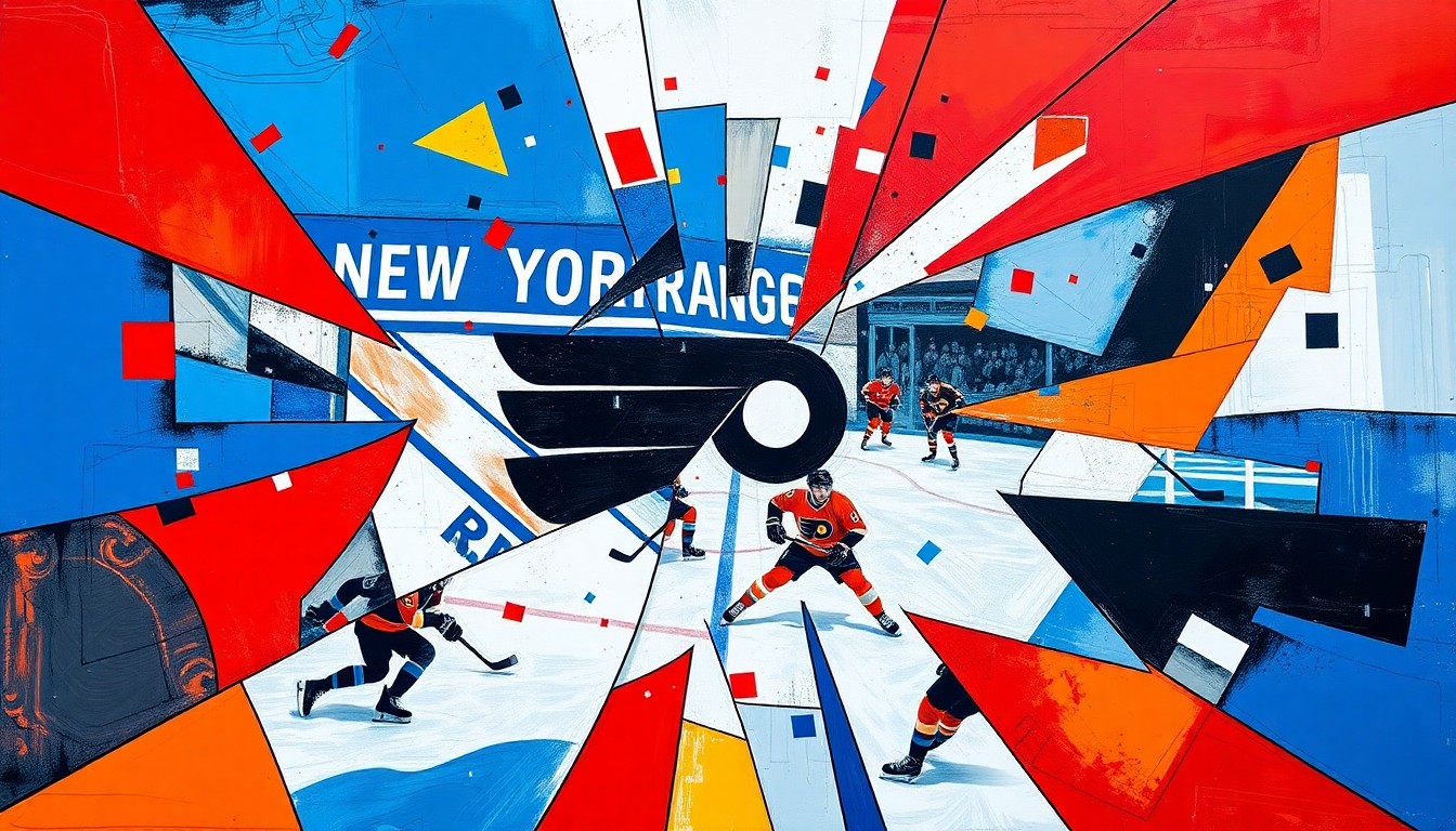 A fractured, multi-perspective painting in vibrant blue, red, orange, and black geometric shapes, representing the energy and movement of a hockey game between the New York Rangers and Philadelphia Flyers.