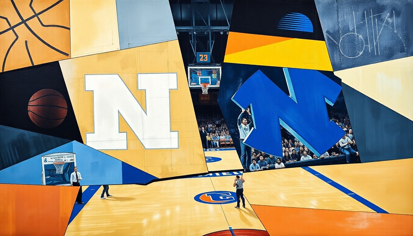 A cubist, geometric painting depicting fragmented, overlapping scenes of a college basketball game, with sharp planes of color and form representing the intense rivalry between the two teams.