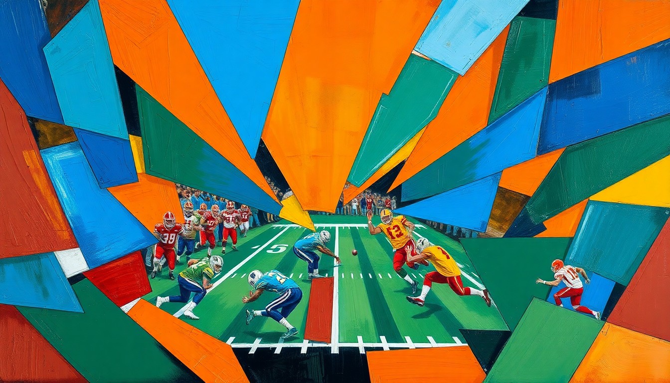 A fragmented, cubist-style painting featuring overlapping geometric shapes and planes in shades of blue, orange, and green, representing the complex dynamics of the quarterback competition to be Bryce Young's backup in the upcoming NFL Draft.