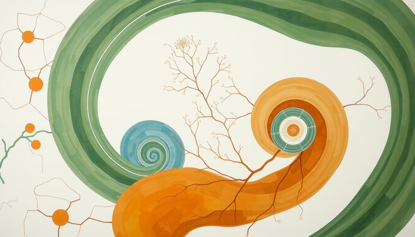 A highly structured abstract painting in muted earth tones, featuring sweeping geometric arcs, concentric circular forms, and precise botanical spirals, conceptually representing the complex biological mechanisms of nerve regeneration and blood vessel growth.