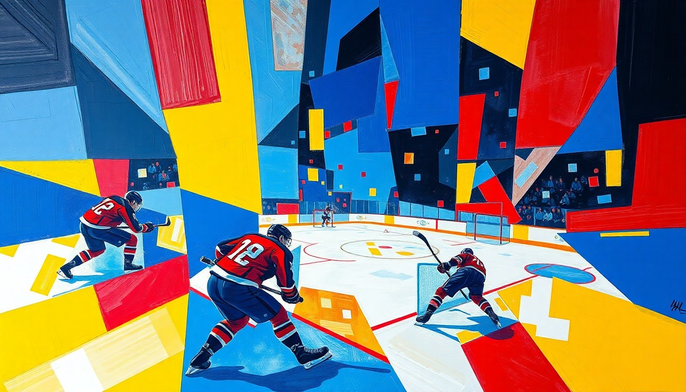 A fractured, abstract painting depicting an NHL hockey game, with players and the rink broken down into sharp, overlapping geometric shapes in a vibrant color palette.