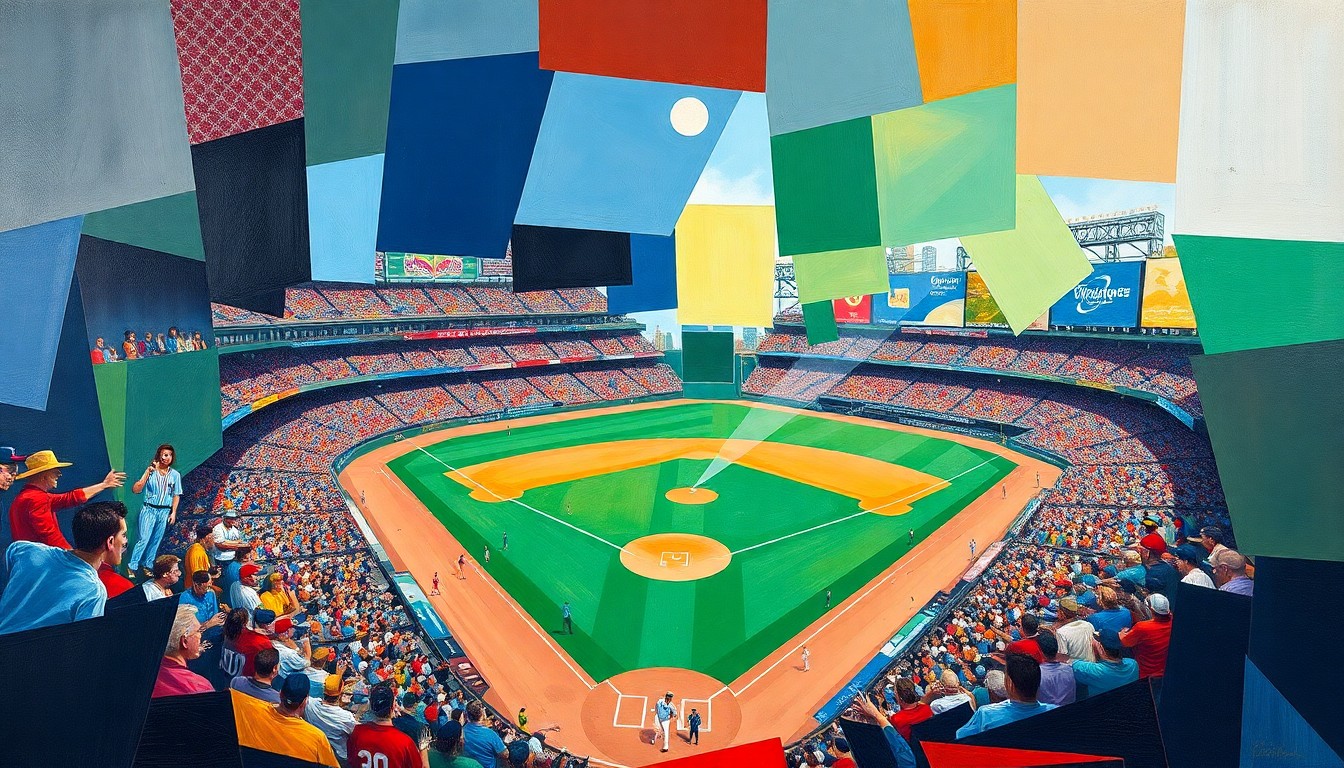 A fragmented, geometric painting in bold colors depicting the various stages of a baseball game, representing the multifaceted career of Grammas in the sport.