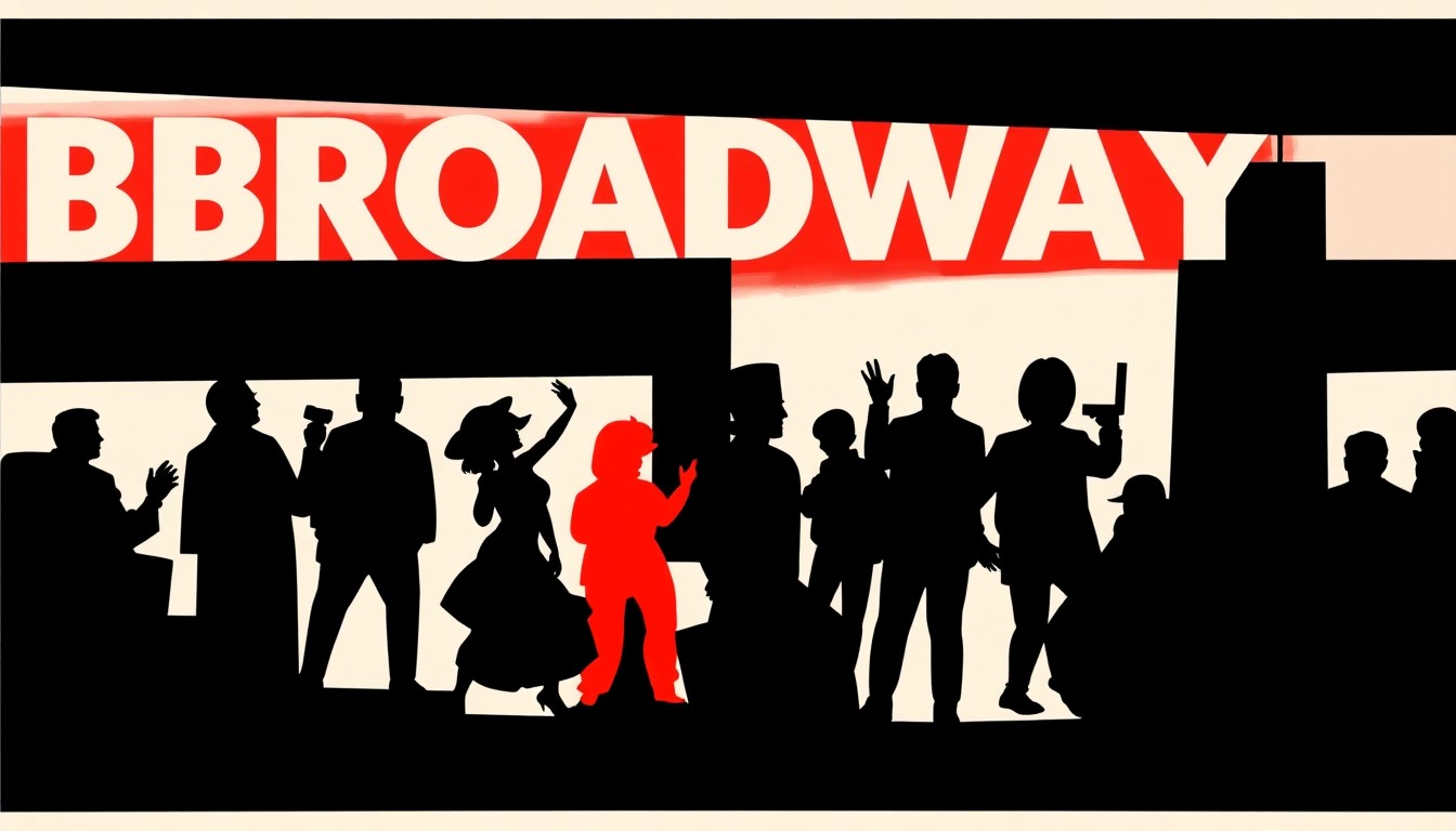 A striking, abstract composition of bold, geometric shapes and silhouettes in high-contrast colors, conceptually representing the diverse and dynamic programming of the Peace Center's upcoming Broadway season.