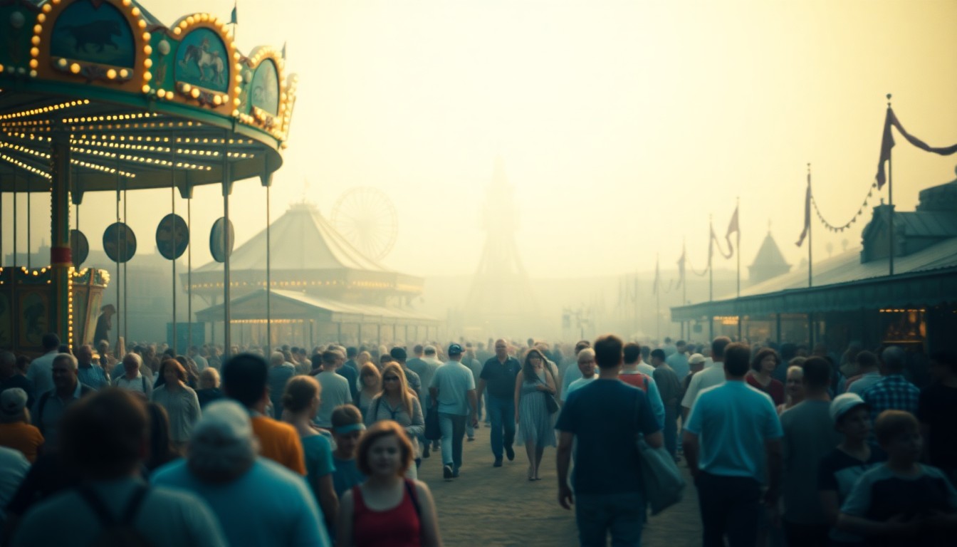 An abstract, impressionistic photograph in soft, warm tones depicting the blurred silhouettes of people enjoying classic fair activities, conveying a sense of nostalgic celebration and community.