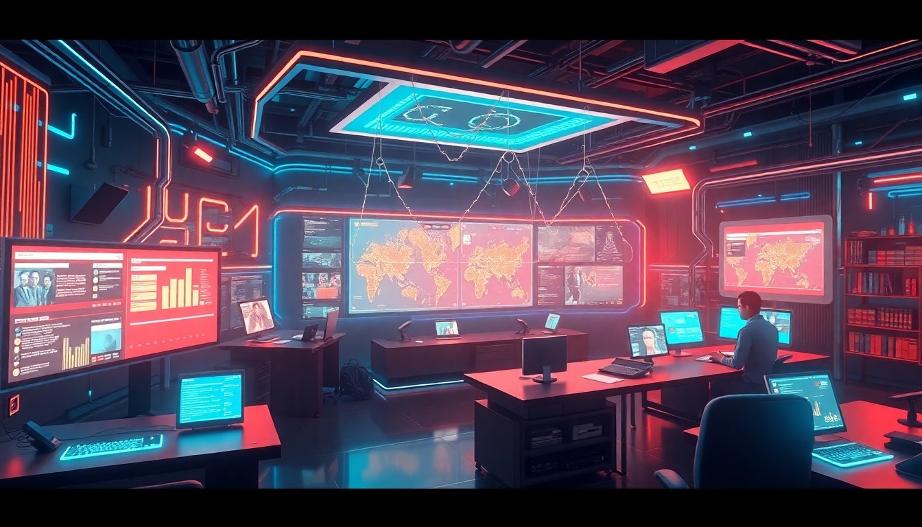 A highly detailed, glowing 3D illustration of a futuristic digital newsroom, with holographic screens, pulsing data streams, and neon-lit infrastructure, conceptually representing the convergence of local journalism and cutting-edge technology.