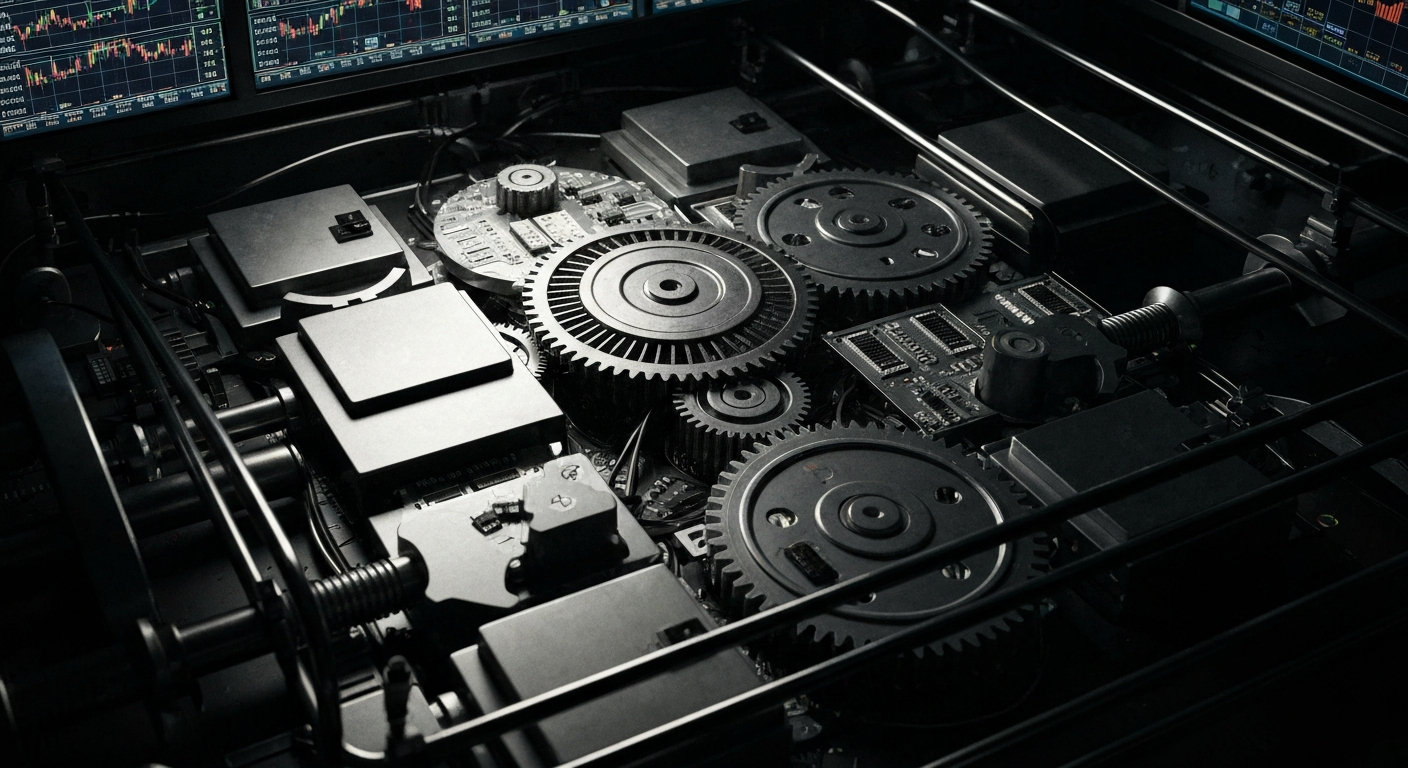 A highly detailed, black-and-white close-up image of the intricate mechanical and electronic components that make up a stock trading terminal, conveying the sense of the complex, industrial nature of modern finance.