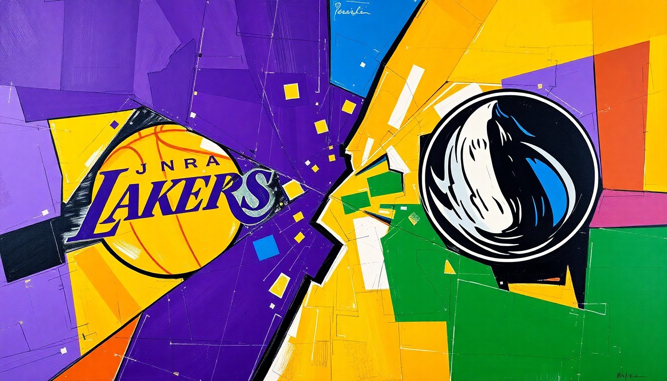 A fractured, multi-perspective painting in bold, vibrant colors that captures the dynamic energy and tension of a high-stakes NBA playoff matchup, with the shapes and planes representing the challenges the Lakers face due to key player injuries.