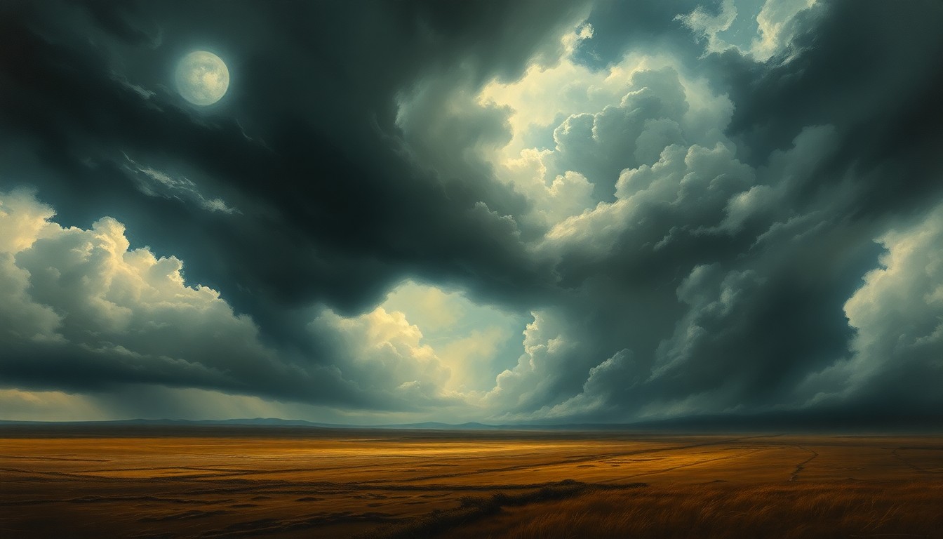 A vast, atmospheric landscape painting depicting a stormy, dramatic sky filled with swirling clouds and heavy rain over a desolate, windswept field, conveying the overwhelming power and sublime beauty of nature.