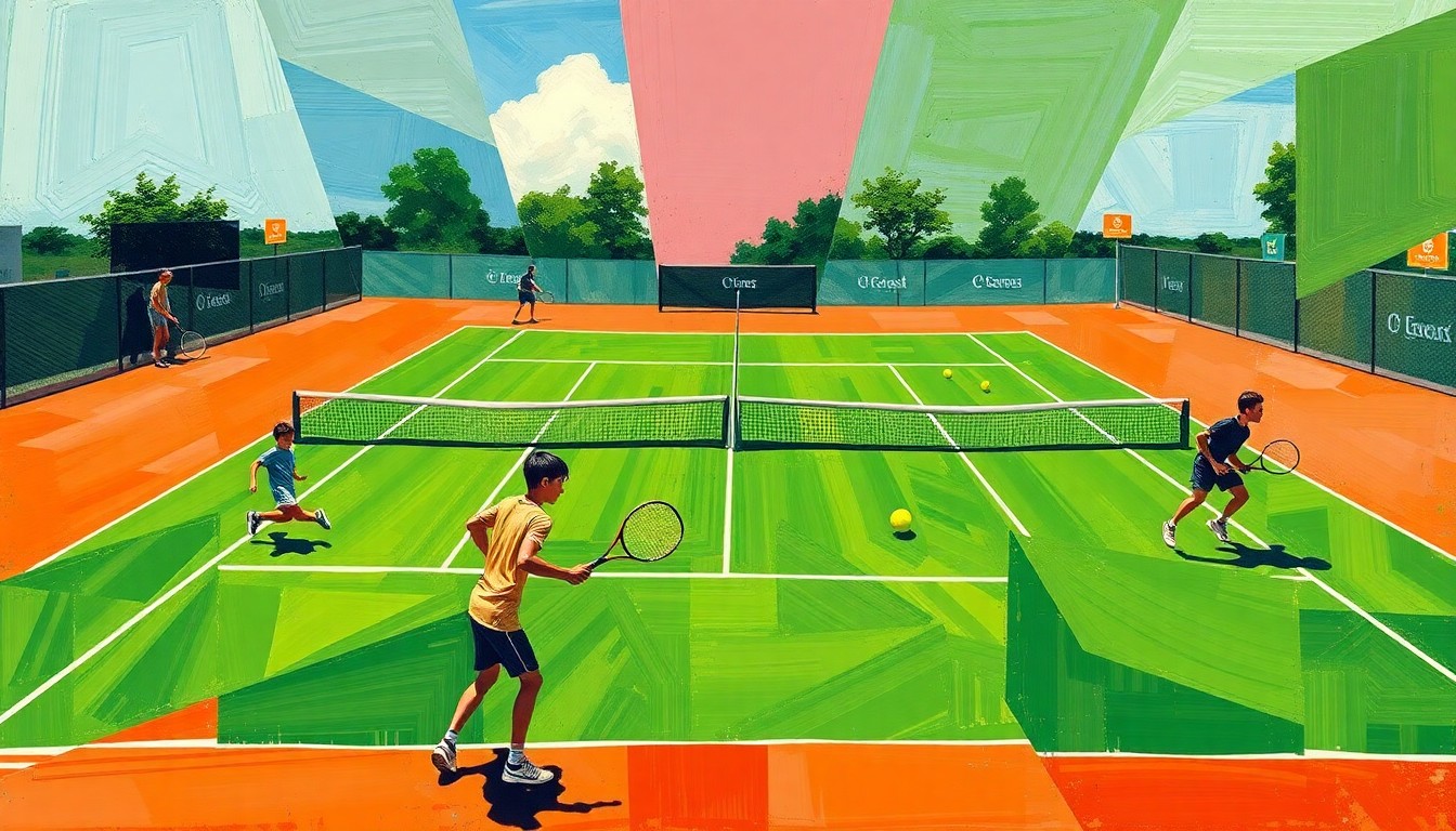 A cubist, geometric painting depicting a high school tennis match, with overlapping planes of green courts, yellow balls, and silhouetted players in motion.