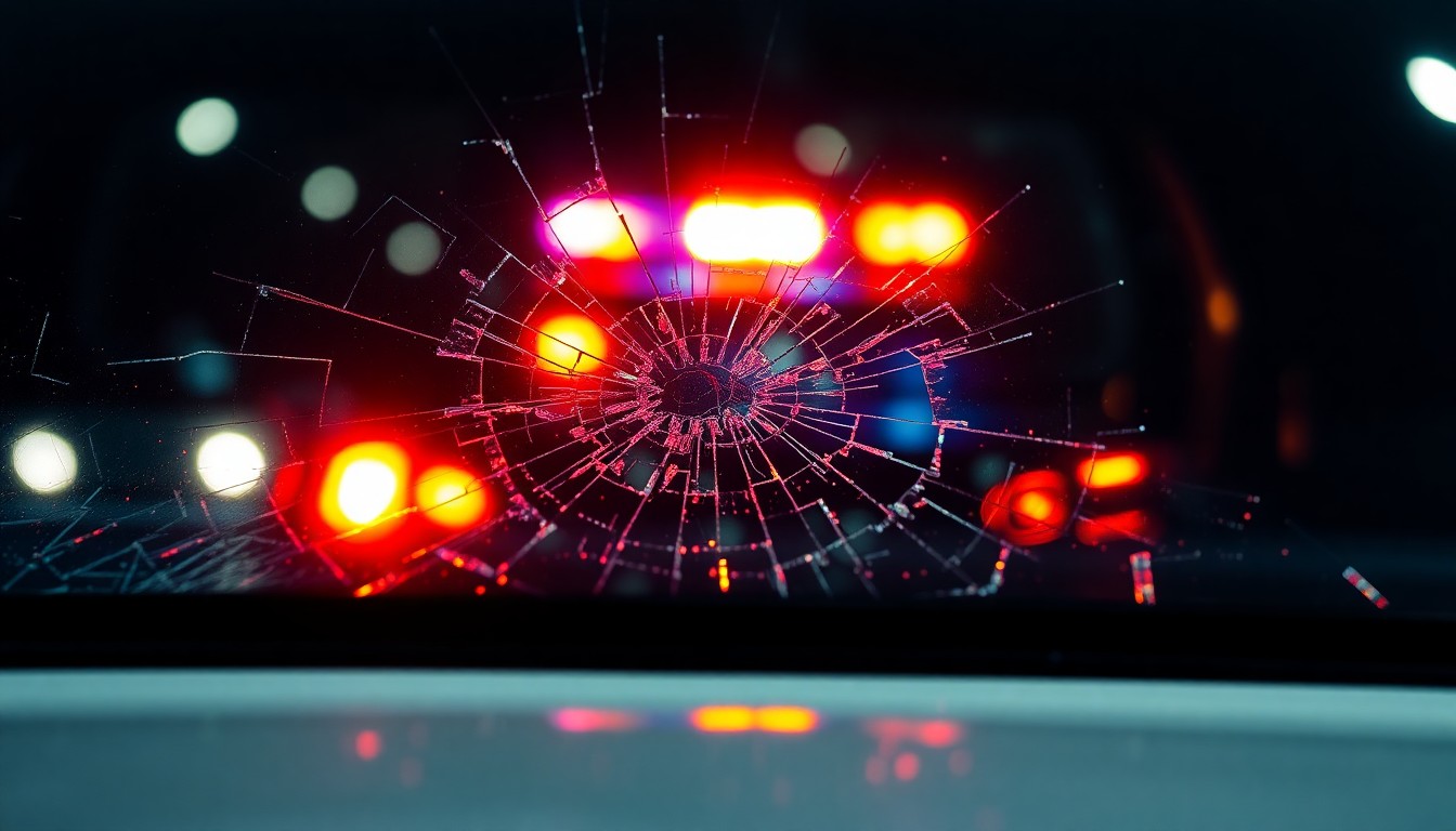 An extreme close-up photograph of shattered car window glass reflecting the flashing red and blue lights of a police car, creating a stark, gritty visual that conceptually represents the aftermath of a high-speed pursuit.