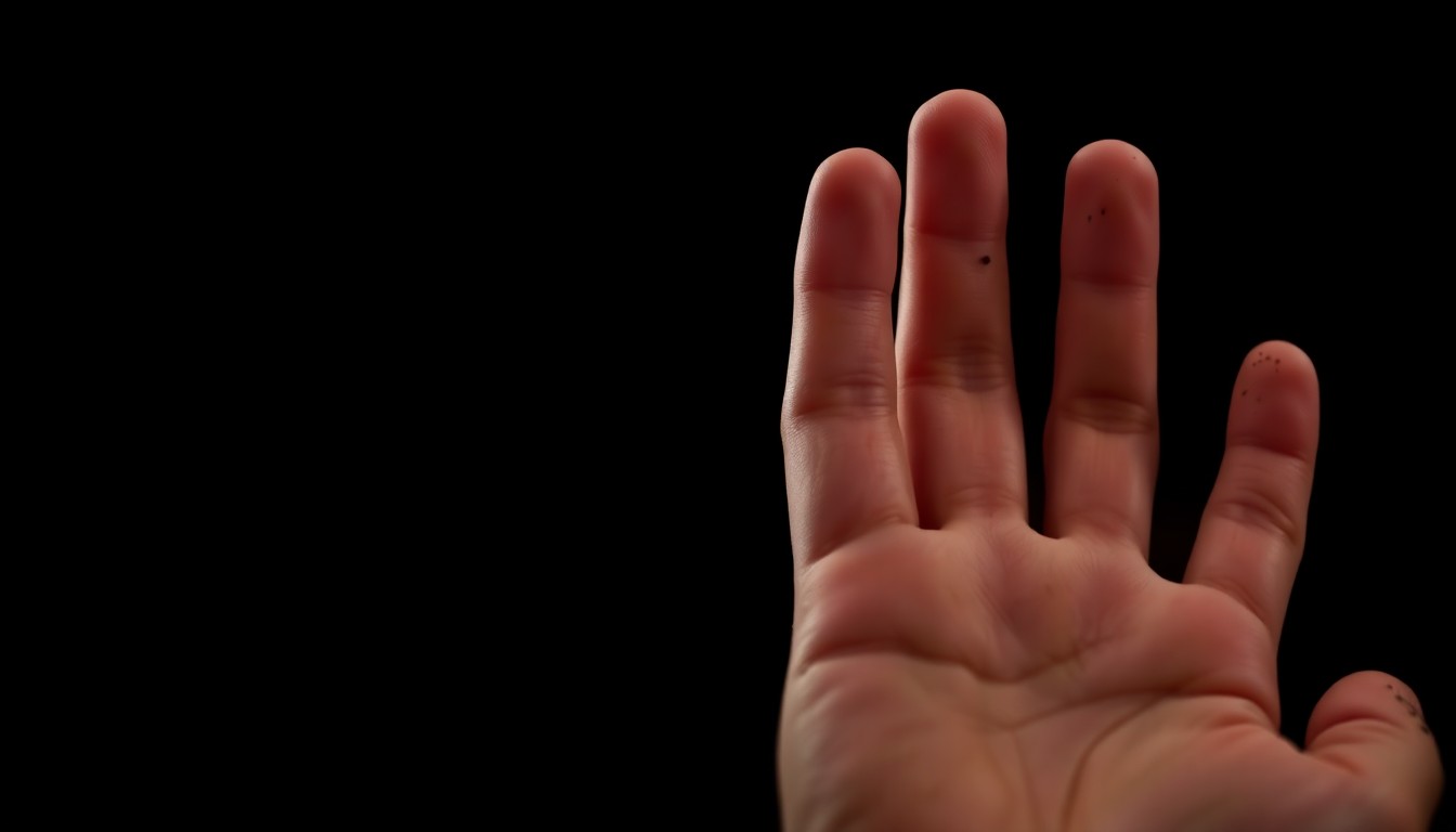 An extreme close-up photograph of a child's small, delicate hand with dirt under the fingernails, lit by a harsh, direct camera flash against a pitch-black background, conceptually representing the violence done to the victim.