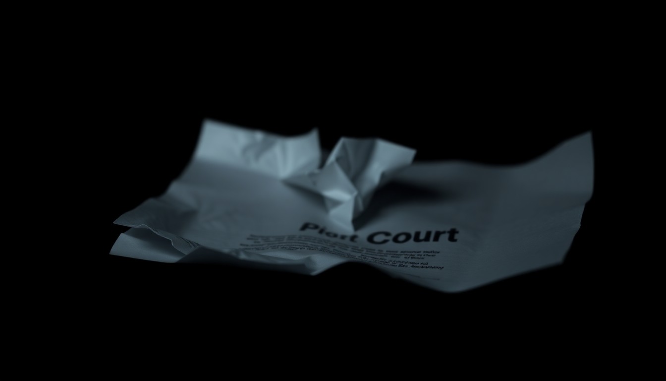 An extreme close-up photograph of a crumpled legal document or court file, lit by a harsh, direct camera flash against a pitch-black background, creating a stark, gritty, and investigative visual aesthetic.