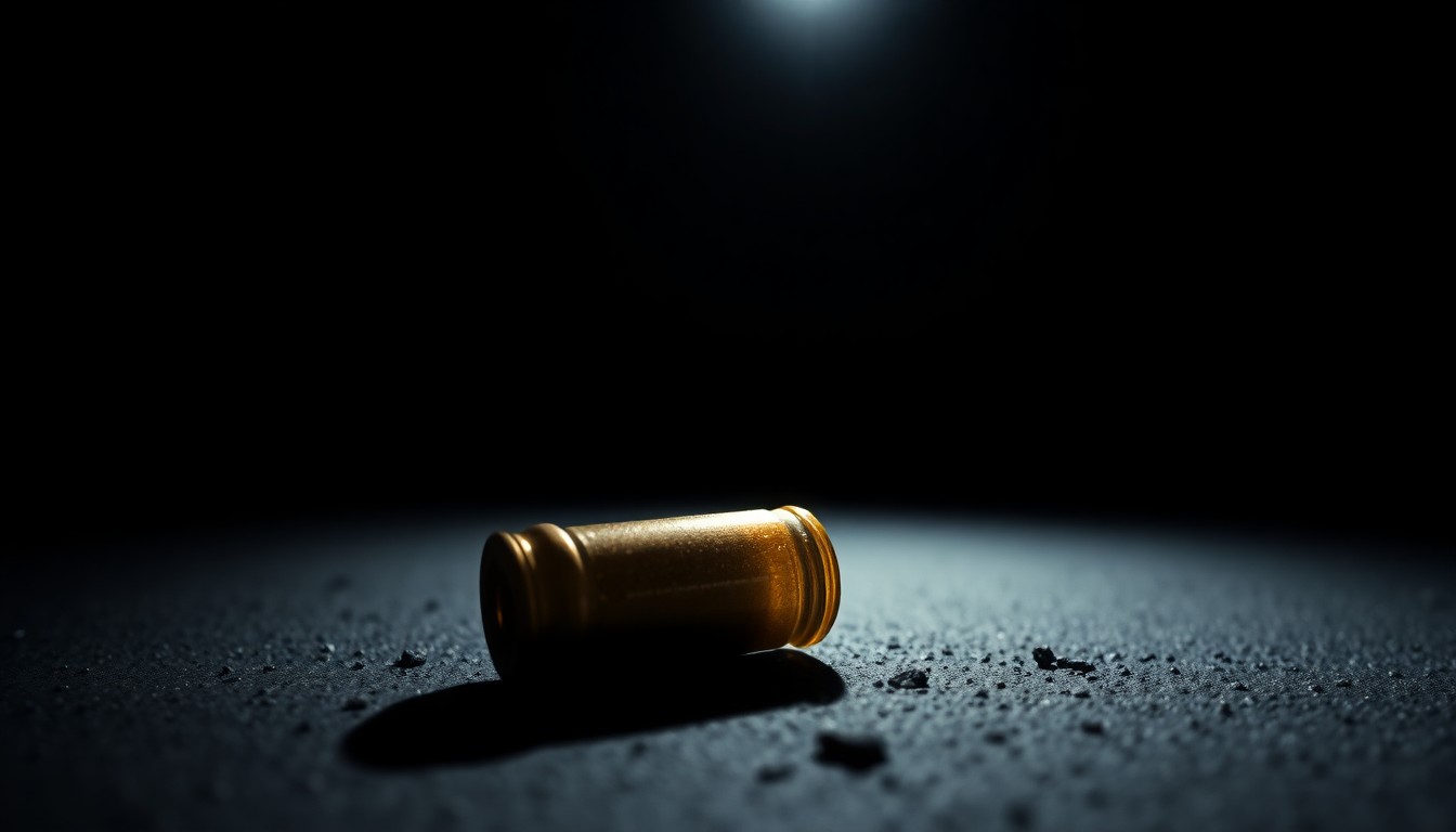 An extreme close-up of a spent bullet casing on the ground, reflecting the harsh, dramatic lighting that creates a gritty, investigative mood without words.