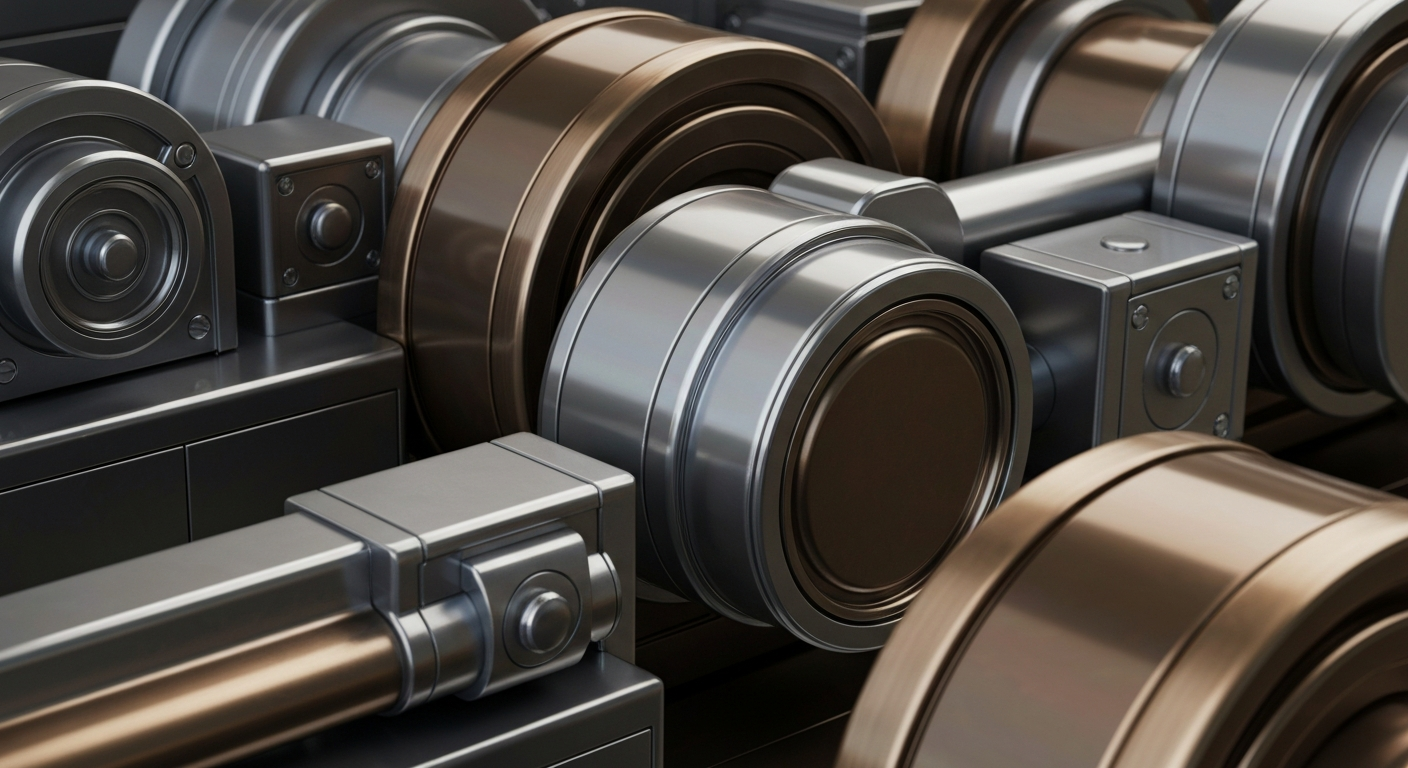 An extreme close-up of gleaming, intricate banking machinery and equipment, conveying the secure, powerful infrastructure of the financial industry without using any text or symbols.