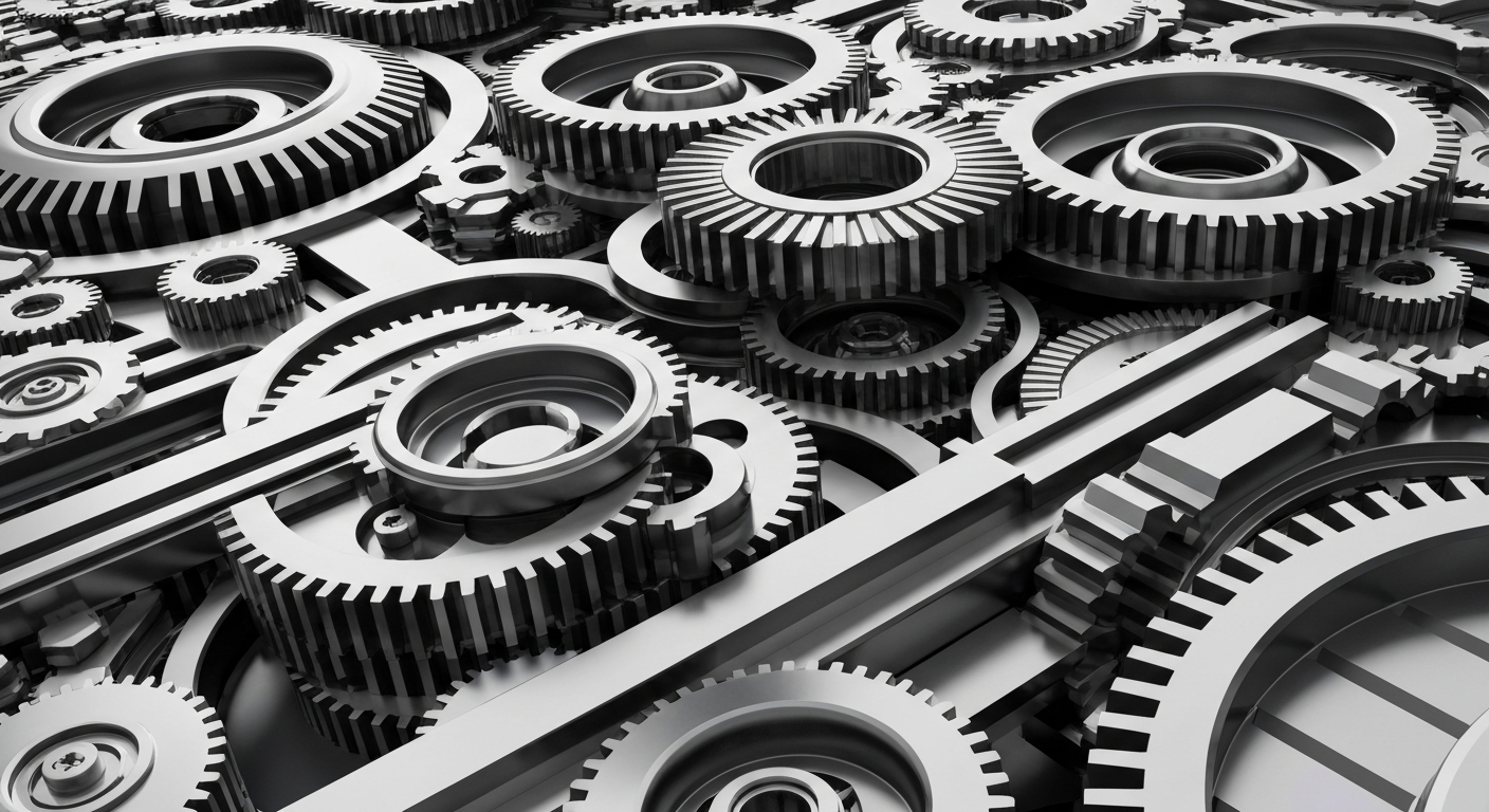 An extreme close-up of intricately engineered metal gears and machinery, conveying the complex infrastructure and mechanics of the semiconductor industry.