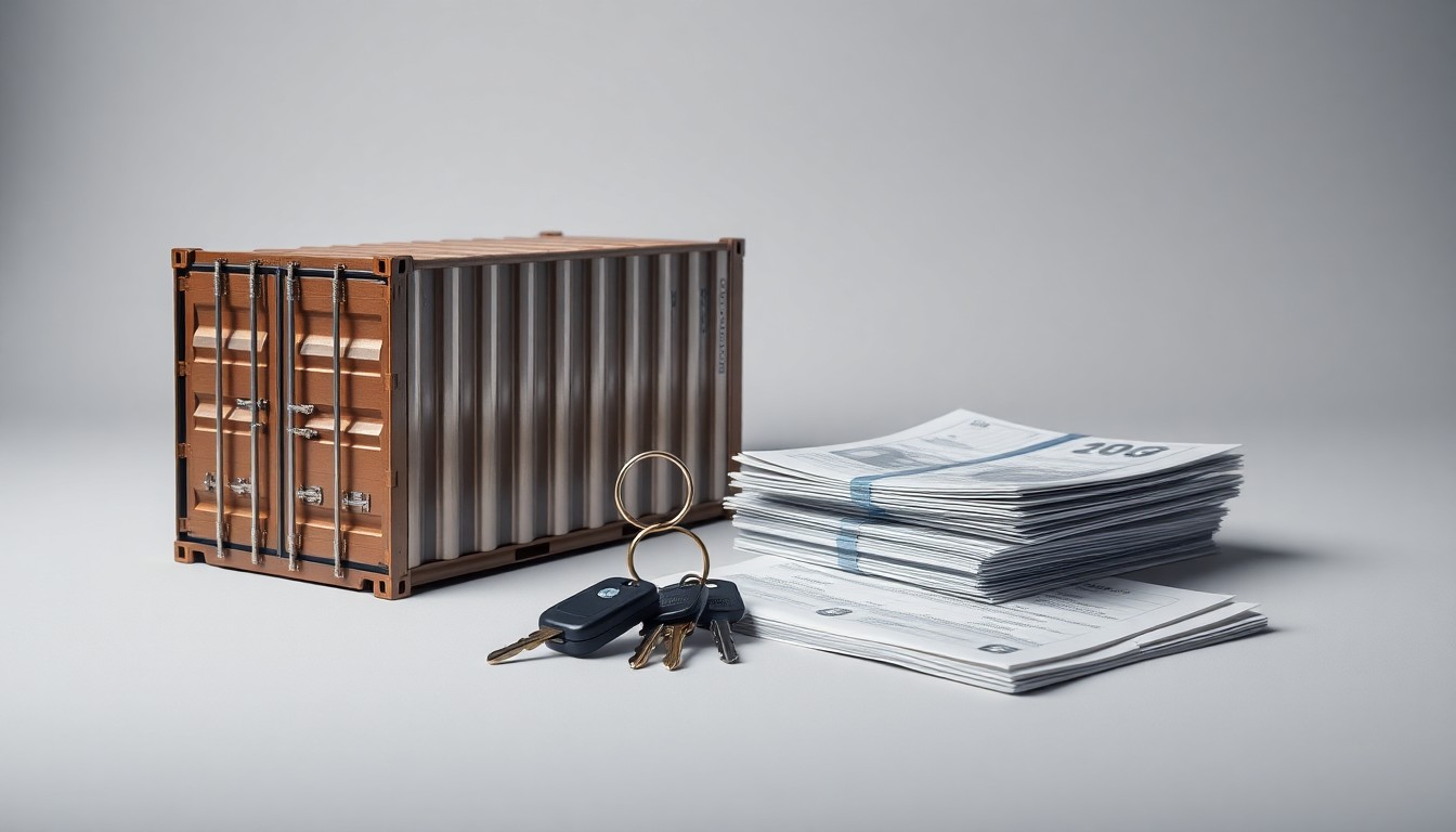 A photorealistic studio still-life featuring a polished metal shipping container, a set of truck keys, and a stack of financial documents arranged elegantly on a clean, monochromatic background, conceptually representing the logistics and financial aspects of the transportation industry.