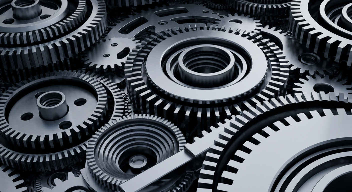 A highly detailed, cinematic close-up of complex, polished metal gears and machinery in shades of silver, steel, and black, conceptually representing the intricate financial and industrial infrastructure of the semiconductor industry.