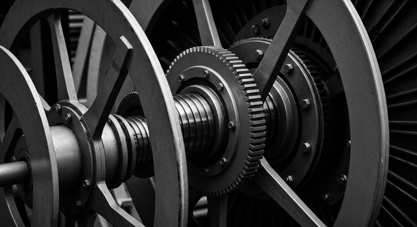 A high-contrast, close-up image of the inner workings of a large industrial cable spool or telecommunications equipment, conveying the tangible, physical nature of the cable and telecommunications industry's infrastructure.