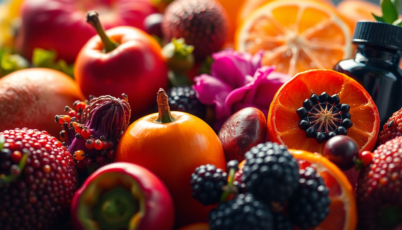 An extreme close-up of brightly colored, textured organic produce and homeopathic products, conceptually representing the joyful energy of a community festival.