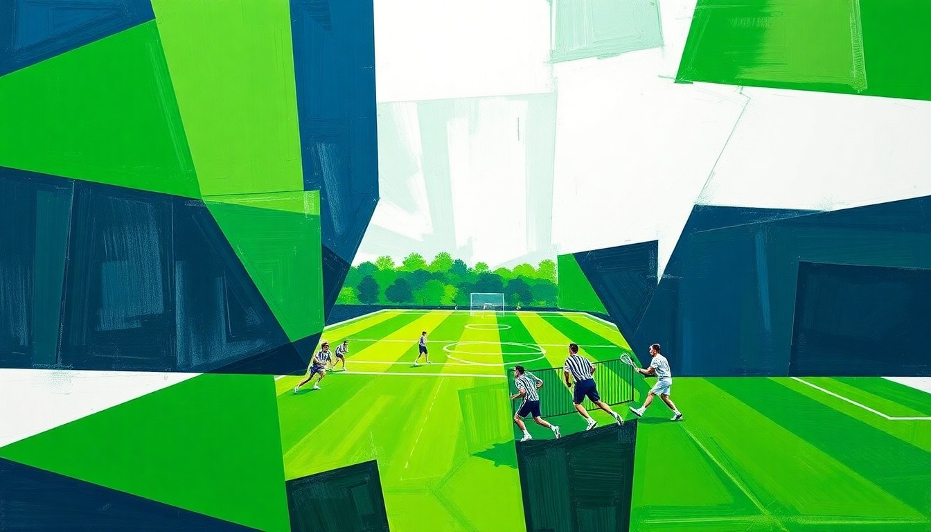 A fragmented, geometric painting depicting a college lacrosse game, with overlapping planes of green, blue, and white representing the players, field, and ball in motion.