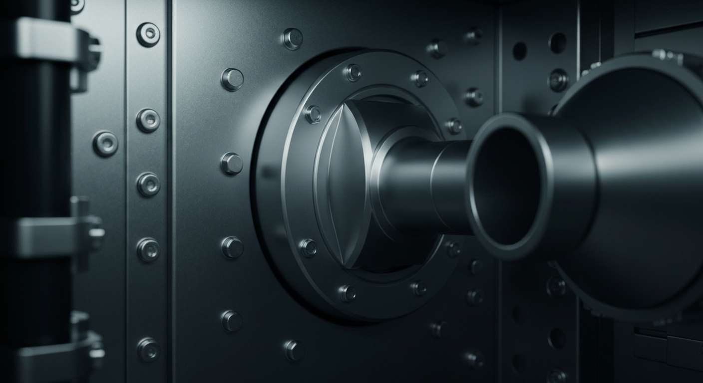 An extreme close-up of the intricate gears, levers, and metal components that make up the internal mechanisms of a high-security banking vault, conveying a sense of institutional strength and financial stability through the heavy, industrial aesthetics.