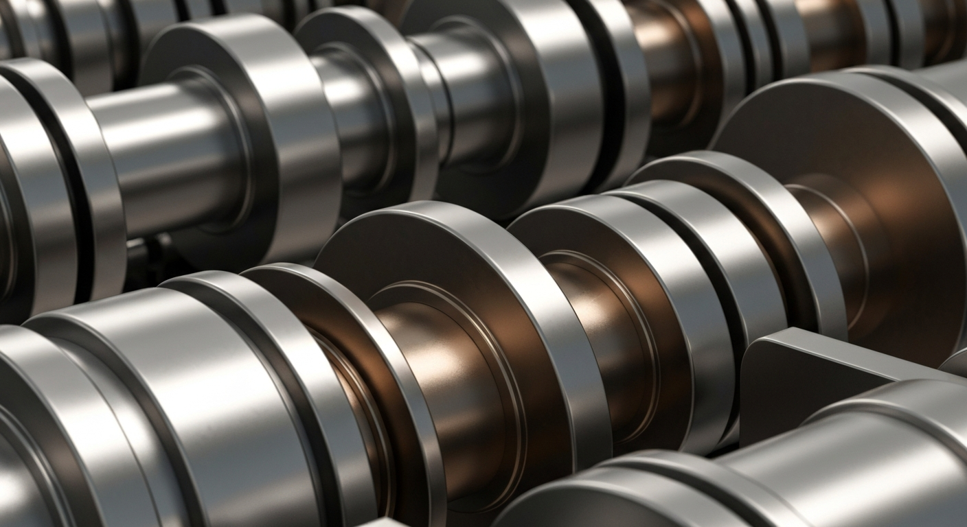 A cinematic close-up of heavy, polished banking machinery and mechanisms in shades of steel grey, bronze, and chrome, conveying a sense of institutional financial power and security without using literal currency or charts.