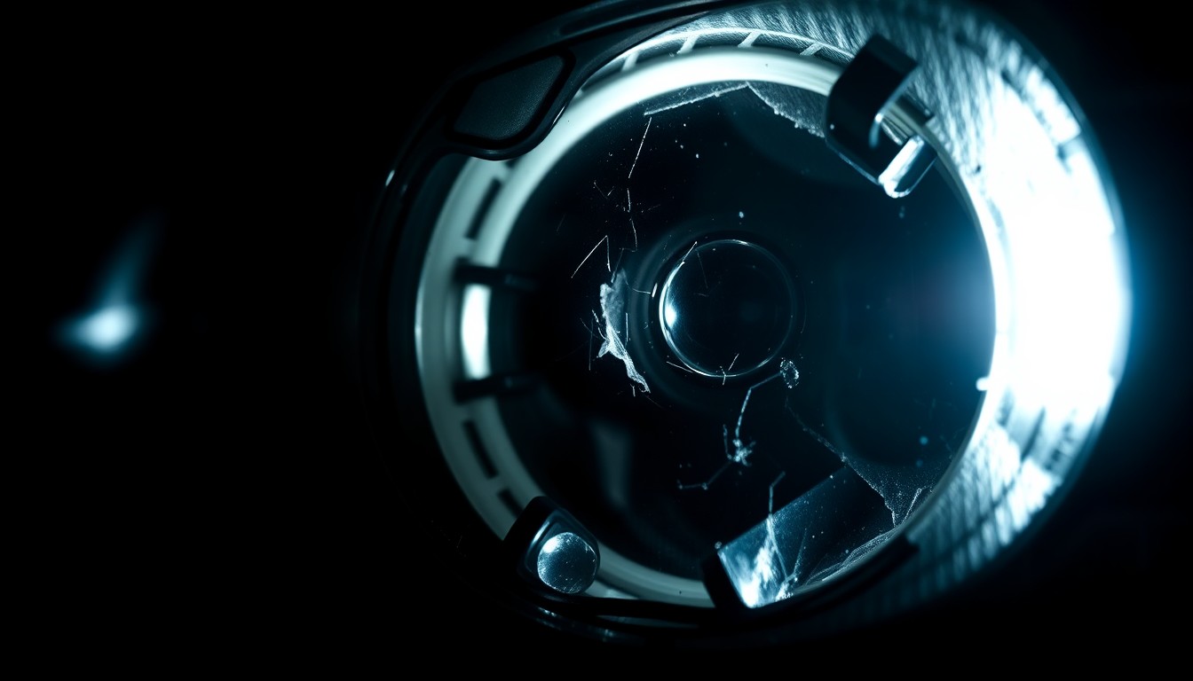 An extreme close-up photograph of a shattered car sensor lens reflecting a faint red light, conceptually illustrating the aftermath of a high-speed police chase.