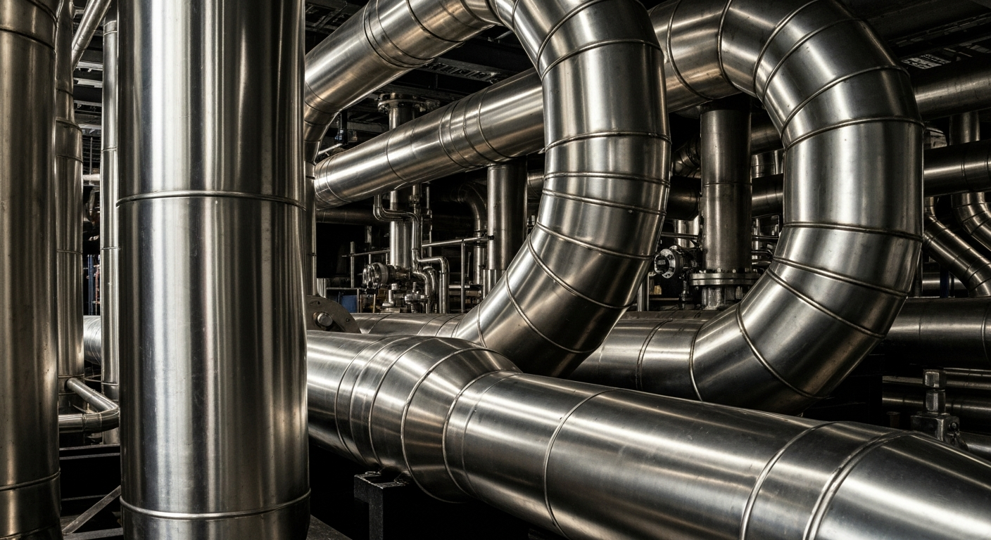 An extreme close-up of heavy, textured metal machinery and pipes, conveying the industrial power and complexity of modern energy infrastructure without using any text or identifiable elements.