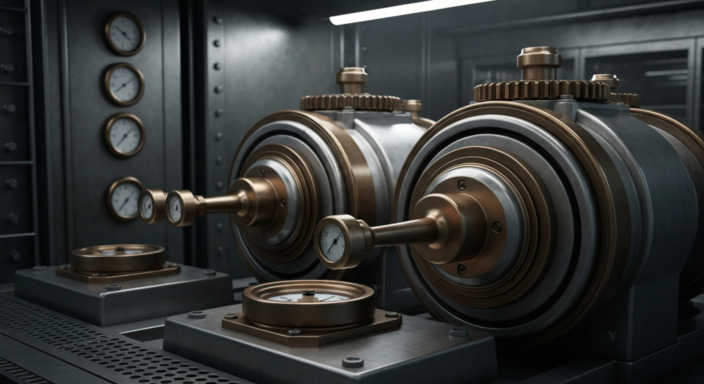 A highly detailed, macro-level view of complex, interlocking metal gears, levers, and components in shades of grey, bronze, and chrome, conveying the industrial power and precision of IBM's enterprise computing technology.