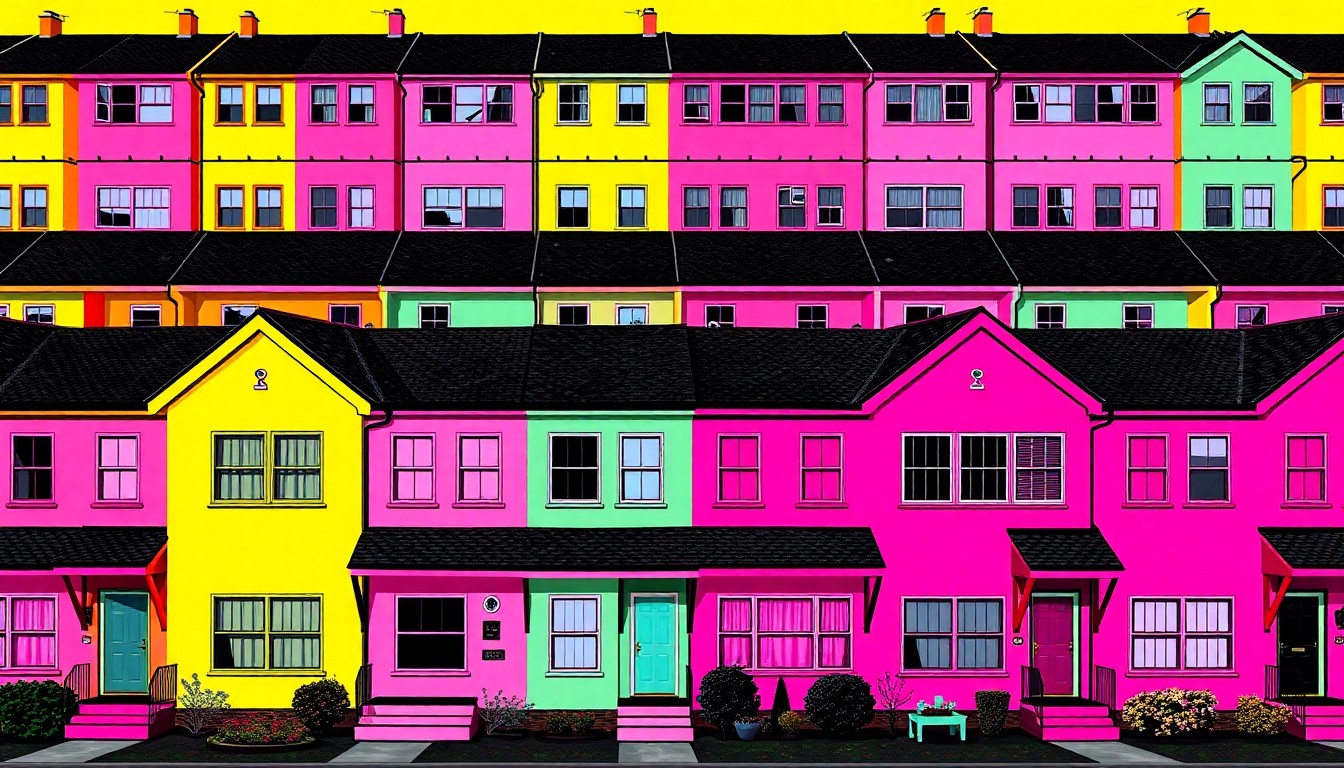 A vibrant, abstract silkscreen print depicting a repeating pattern of identical townhouses in various pastel shades, conceptually representing the potential diversification of Carmel's housing stock.