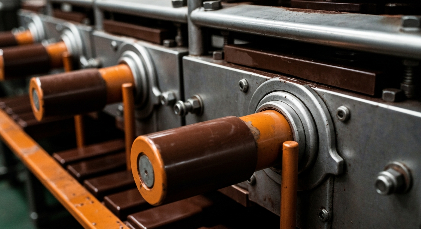 A highly detailed, black and white close-up image of the inner workings of large-scale chocolate manufacturing equipment, conveying the industrial scale and technical complexity of Hershey's production capabilities.