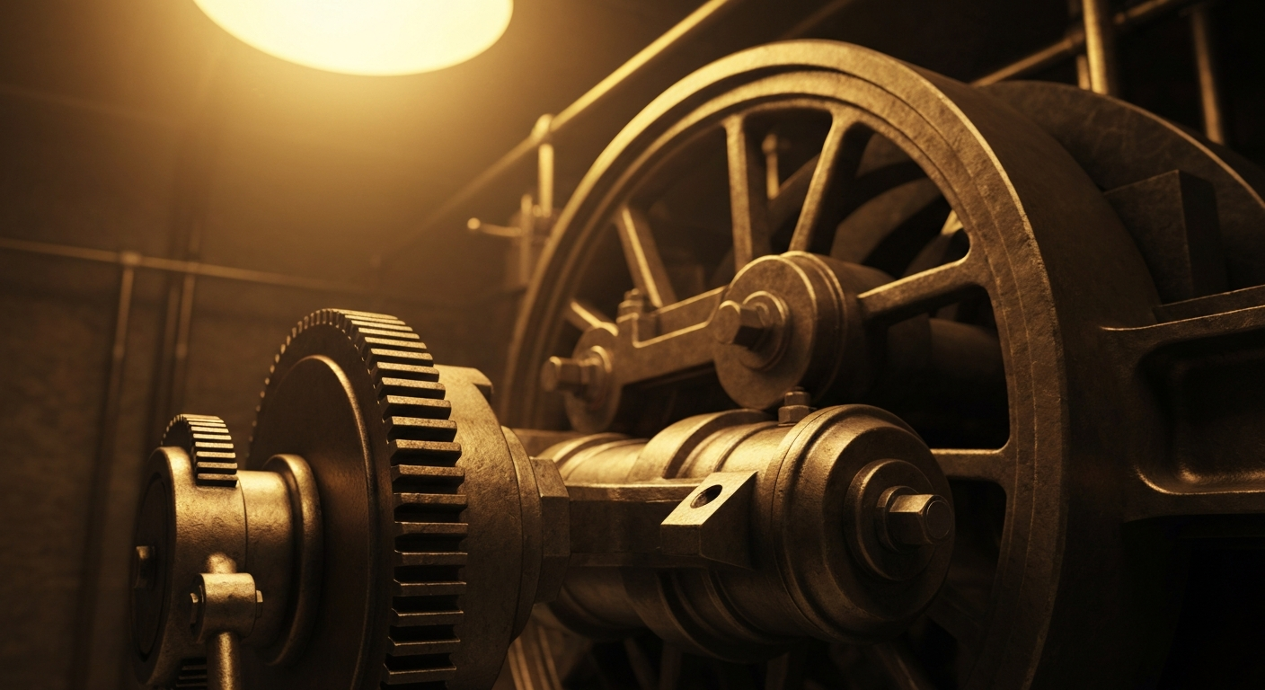 A highly detailed, macro-level view of the gears, levers, and mechanisms that make up the financial infrastructure of the insurance industry, conveying a sense of the intricate, powerful, and sometimes opaque nature of these systems.