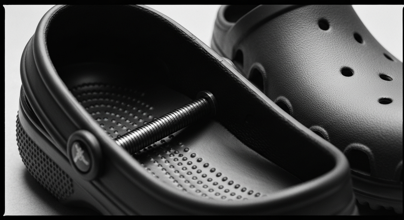 An extreme close-up of the intricate mechanisms and components that make up the interior of a Crocs shoe, captured in a high-contrast, documentary-style visual that conveys the engineering and craftsmanship behind the brand's iconic foam clog design.