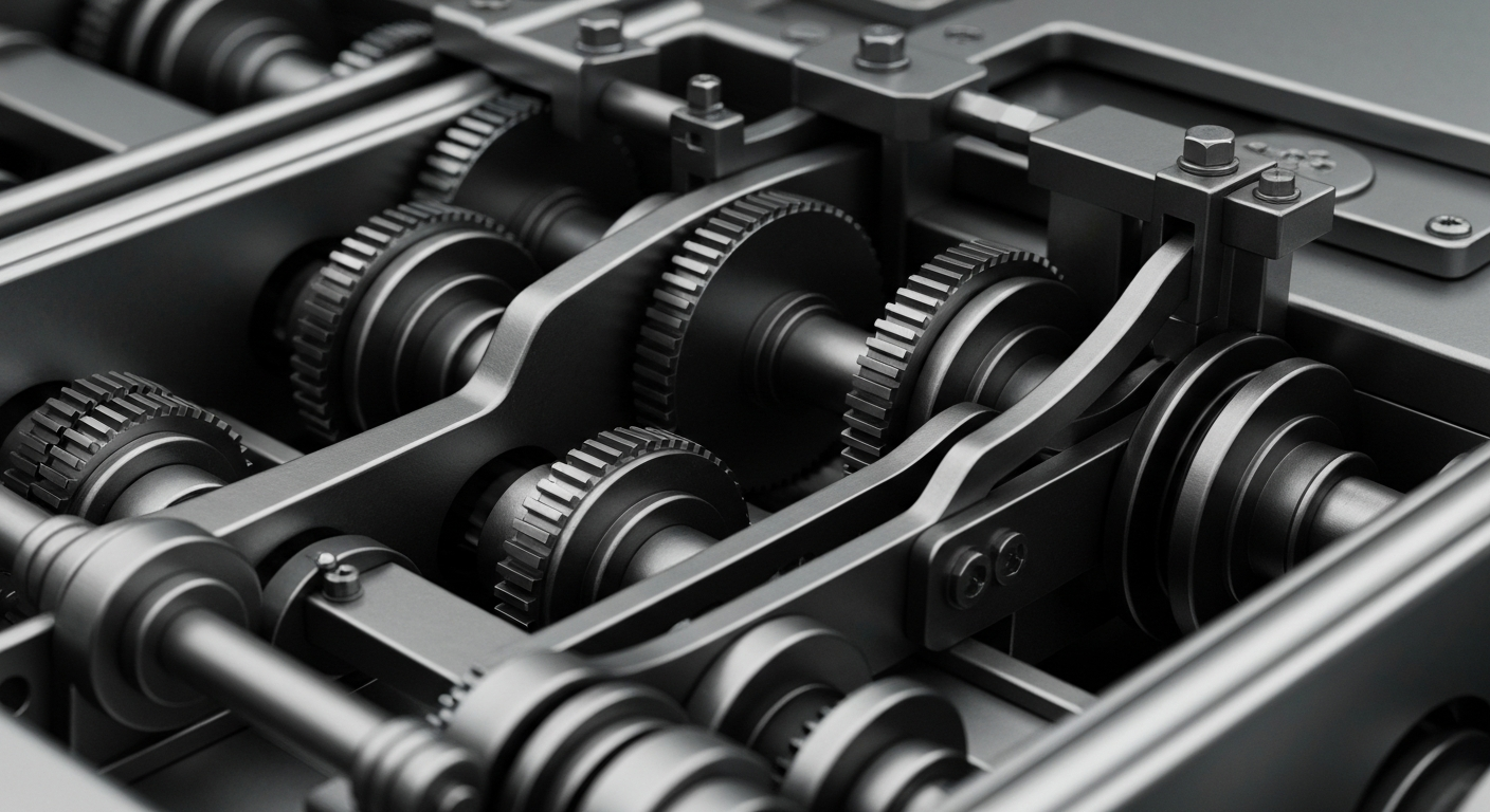 A highly detailed, black-and-white close-up image of various mechanical components and industrial equipment, representing the unseen forces that drive the financial markets.
