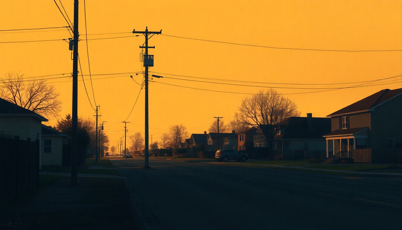 A solitary utility pole stands in a quiet, sunlit suburban street, casting long shadows across the pavement, conceptually representing the ongoing debate over utility companies' use of funds designated for wildfire mitigation.