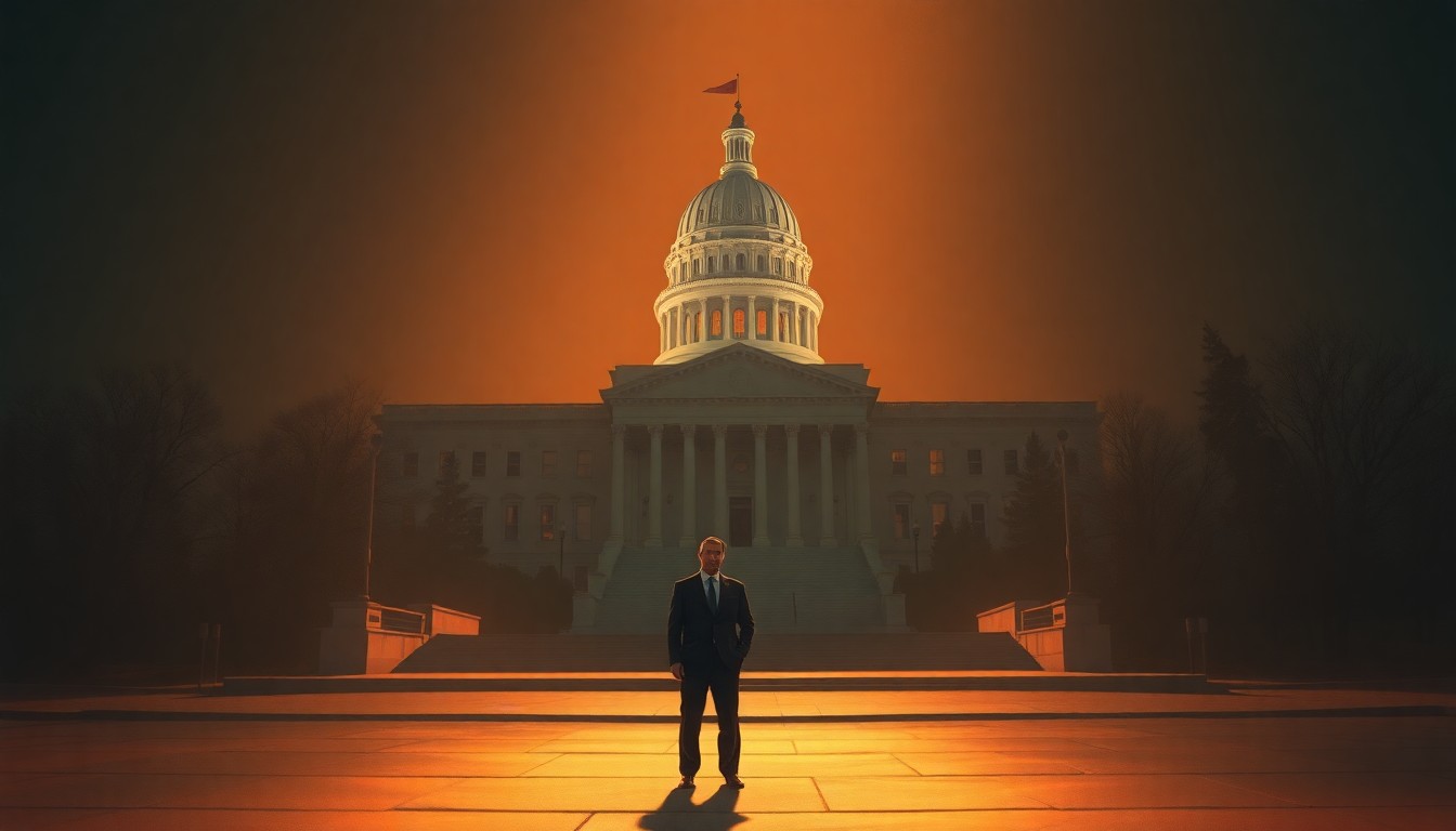 A photorealistic painting of a lone politician standing in front of a government building, with warm sunlight and deep shadows creating a contemplative, nostalgic mood.